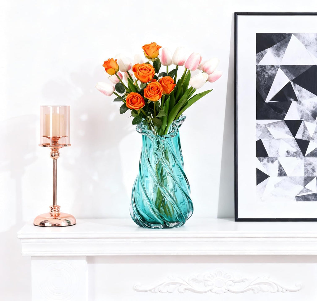 Hand Blown Blue Large Glass Vase Set - Artistic Clear Blue Vase for Coastal & Modern Home Decor, Ocean Wave Vase
