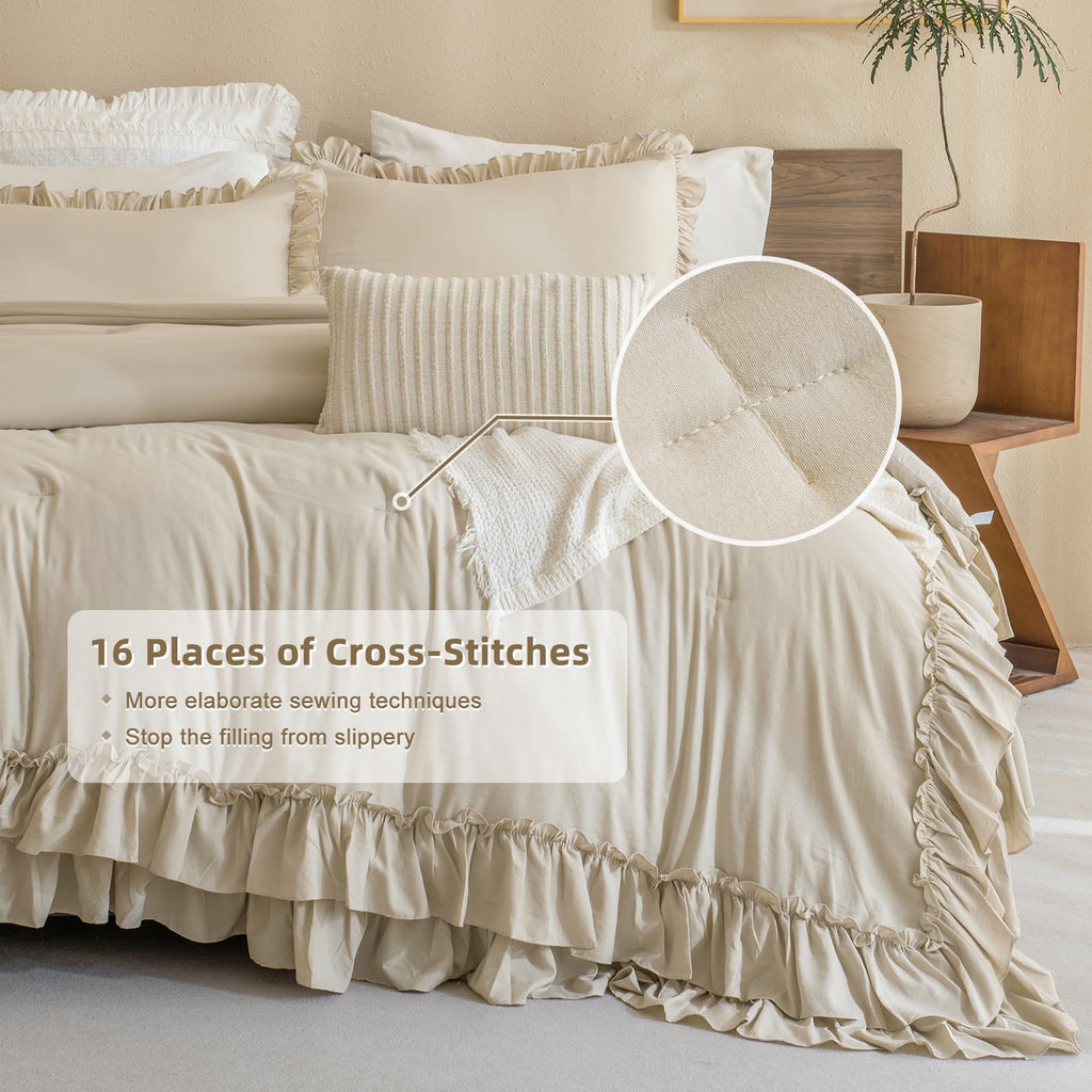 Ruffle Comforter Full Size, Farmhouse Shabby Boho Chic Ruffled Bedding Sets Full, 3PCS Vintage Rustic Soft Microfiber