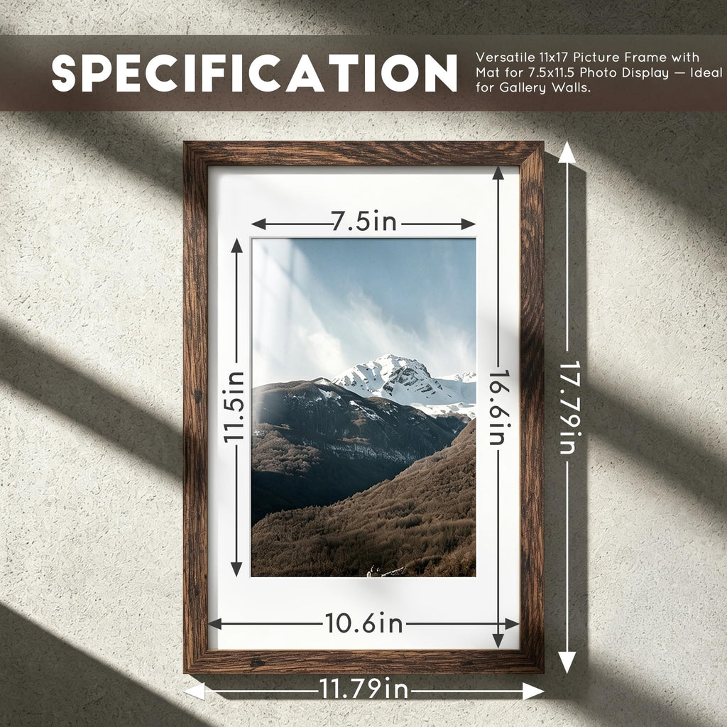 11x17 Rustic Brown Wooden Picture Frame with Thick Border, Glass