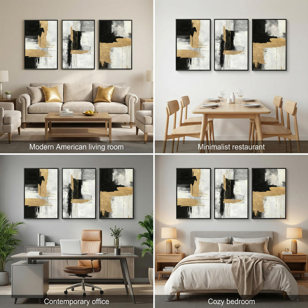 3D Textured Black and White Abstract Wall Art with Gold Foil, Framed 3 Pcs Hand Painted Oil Paintings, Large Luxury