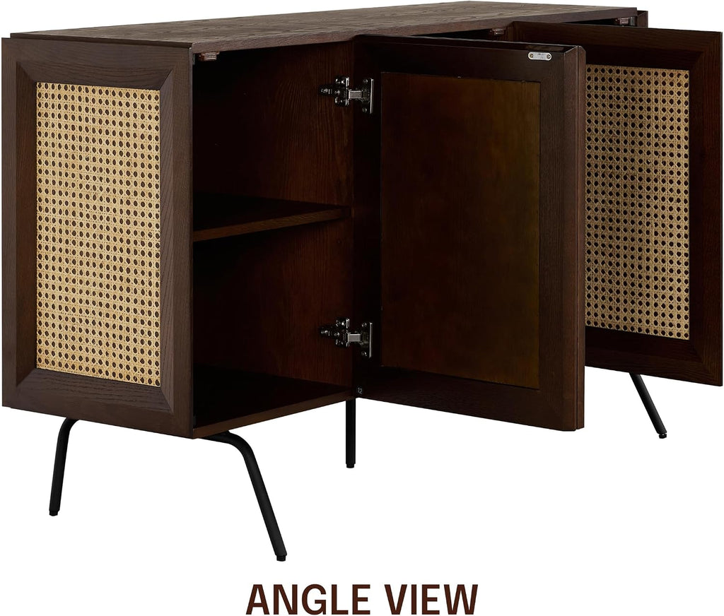 Modern Sideboard with 3 Doors, Natural Rattan Storage Cabinet, Buffet with Metal Legs, Boho Accent Cabinet , and