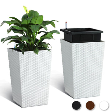 16" Tall Plastic Rattan Planters Set of 2, Tall White Planters for Indoor
