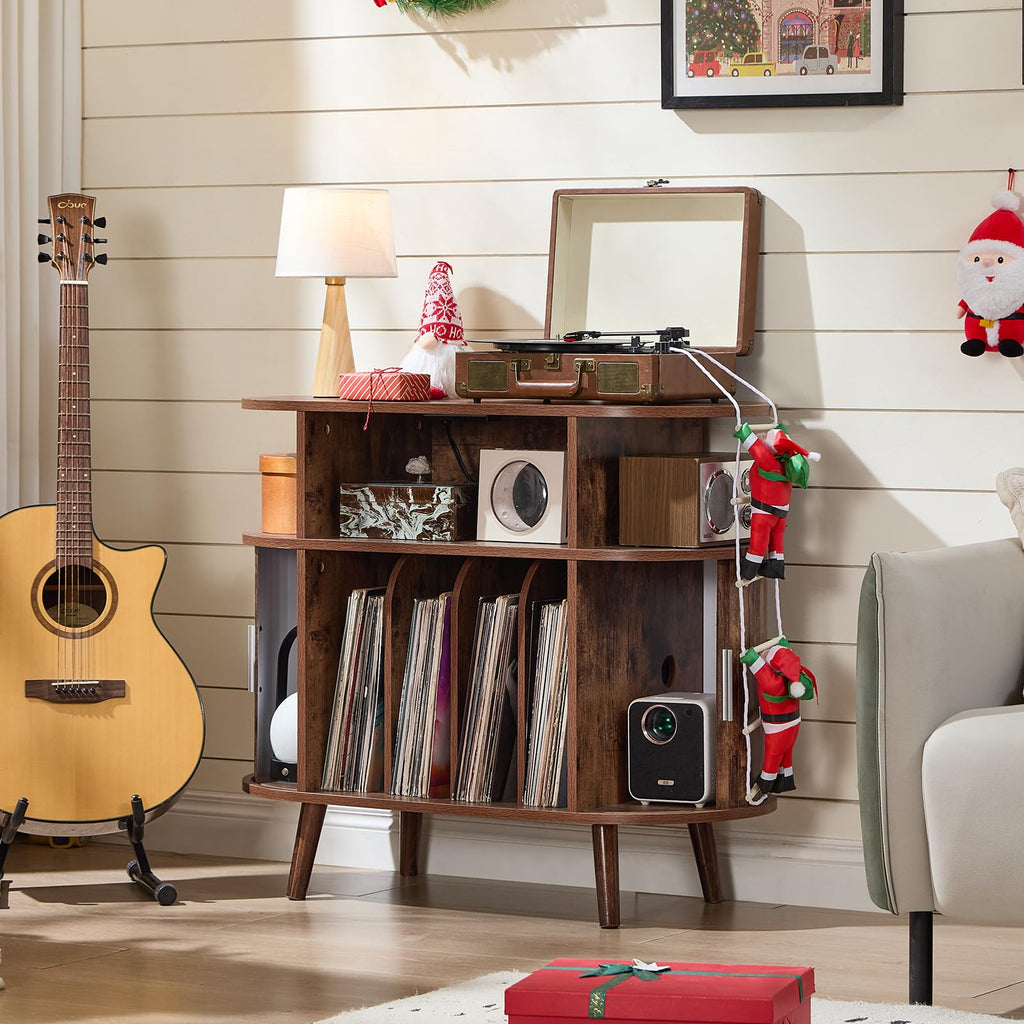 Small Round Record Player Stand with Charging Station, Brown