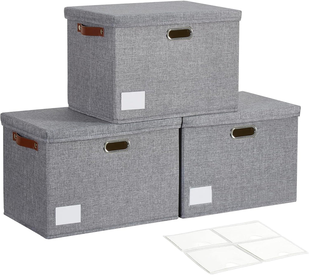 17" Large Collapsible Storage Bins with Lids, Stackable Closet Organizers with PU Handle and Labels, 3-Pack