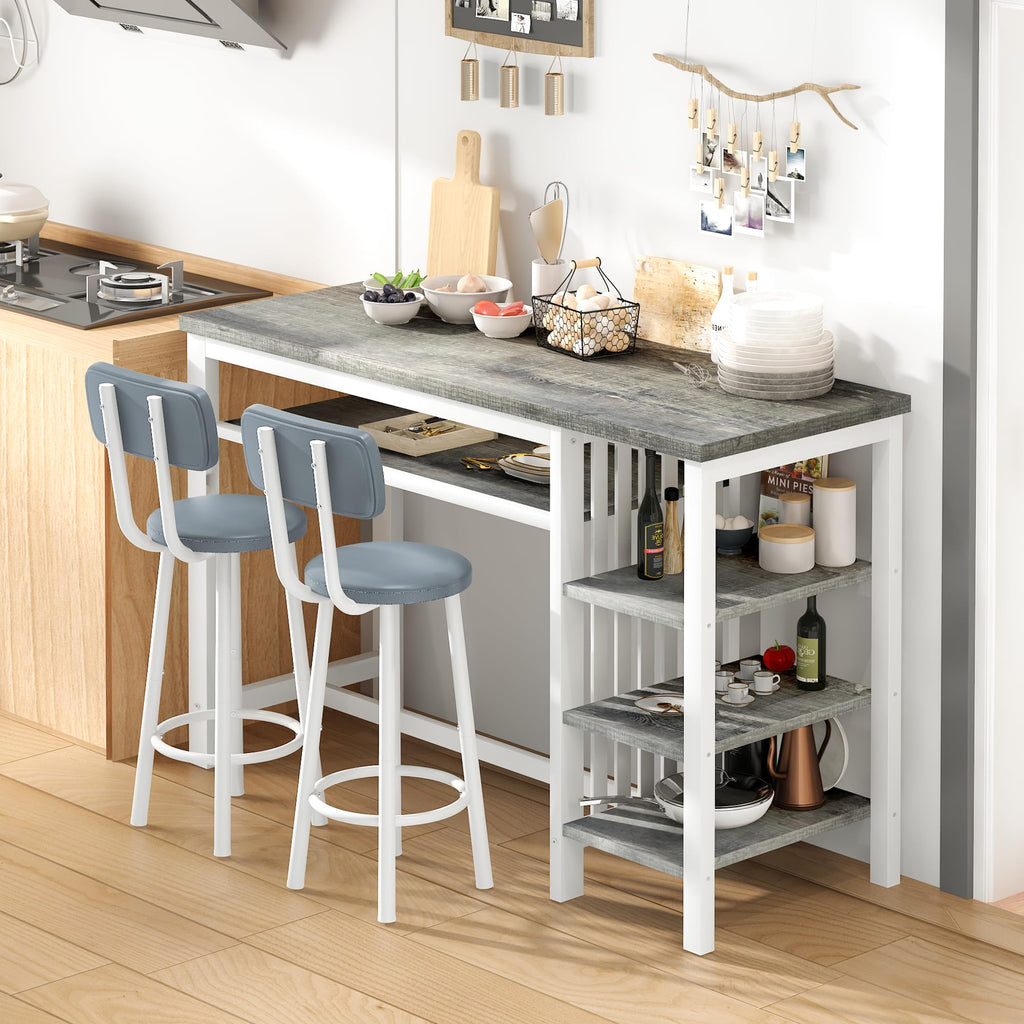 3-Piece Bar Table and Chairs Set, Counter Height Dining Table Set with Storage & 2 Upholstered Stools, Hightop