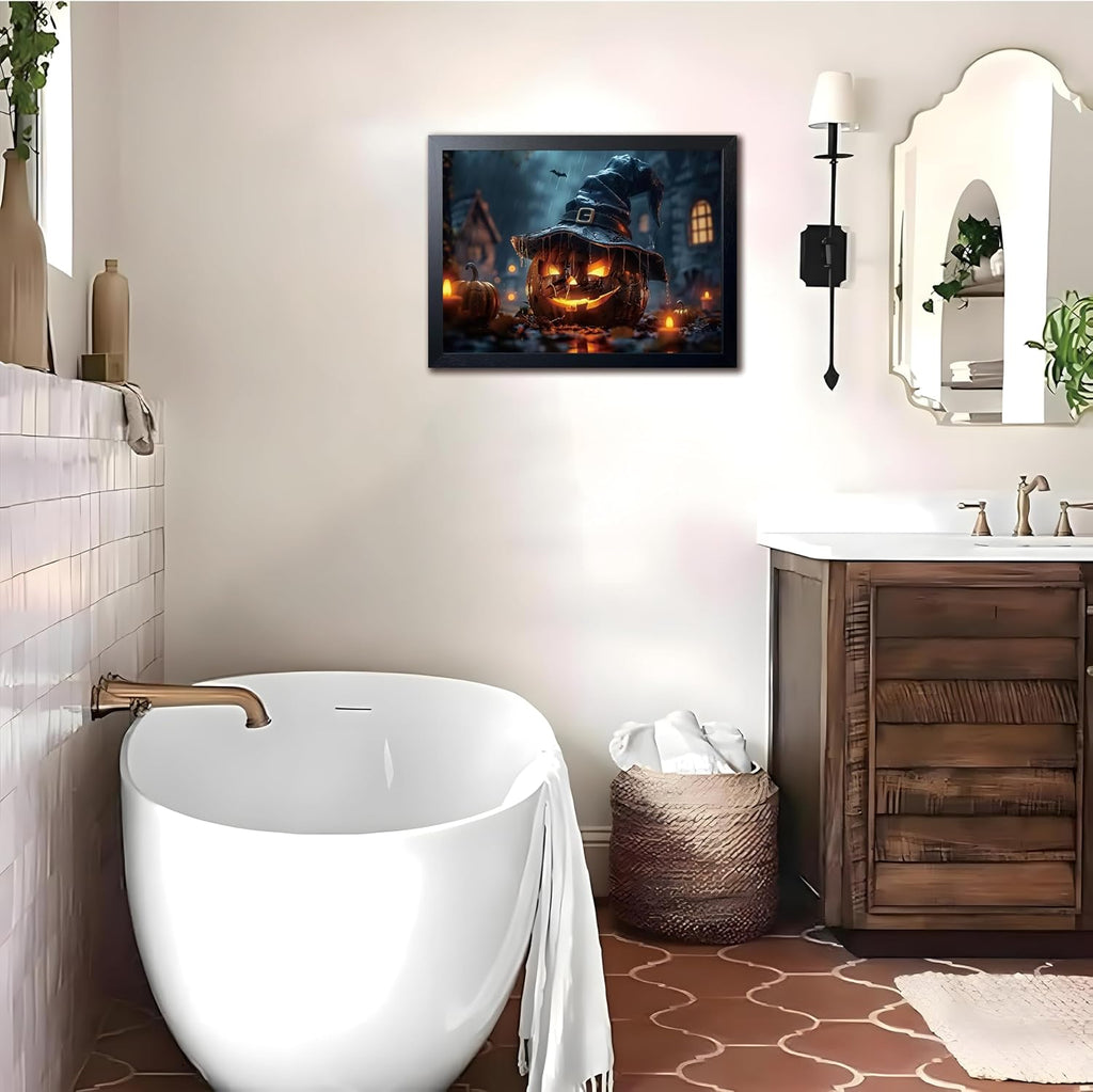 Wood Framed Dark Halloween Pumpkin Wall Art, Gothic Witch Hat Jack-o'-Lantern Canvas Print, Dark Academia Spooky