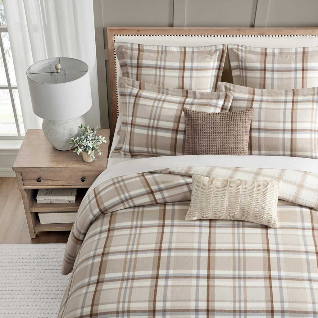 Spencer Plaid Neutral - Duvet Cover (90x94in.) + Two Standard Shams (20x26in.) - Plaid - Beige Tan Cream