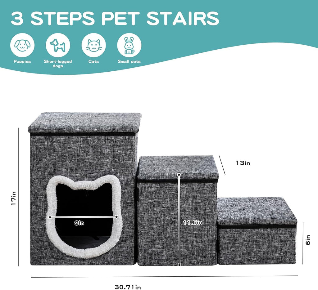 Pet Stairs with Storage and Condo, Cat Stairs for Old Cats, Grey