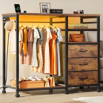 LED, 3 Drawers with Hanging Rack, Rustic Brown