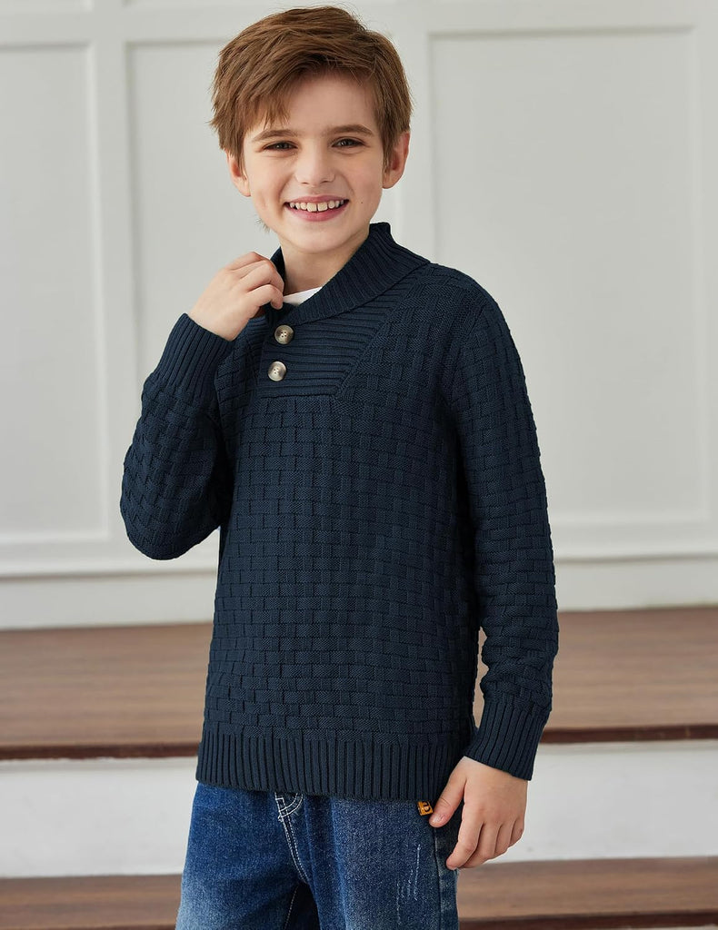 Boys Crewneck Long Sleeve Textured Ribbed Edge Pullover Sweaters Button Up Knitted Sweater Tops