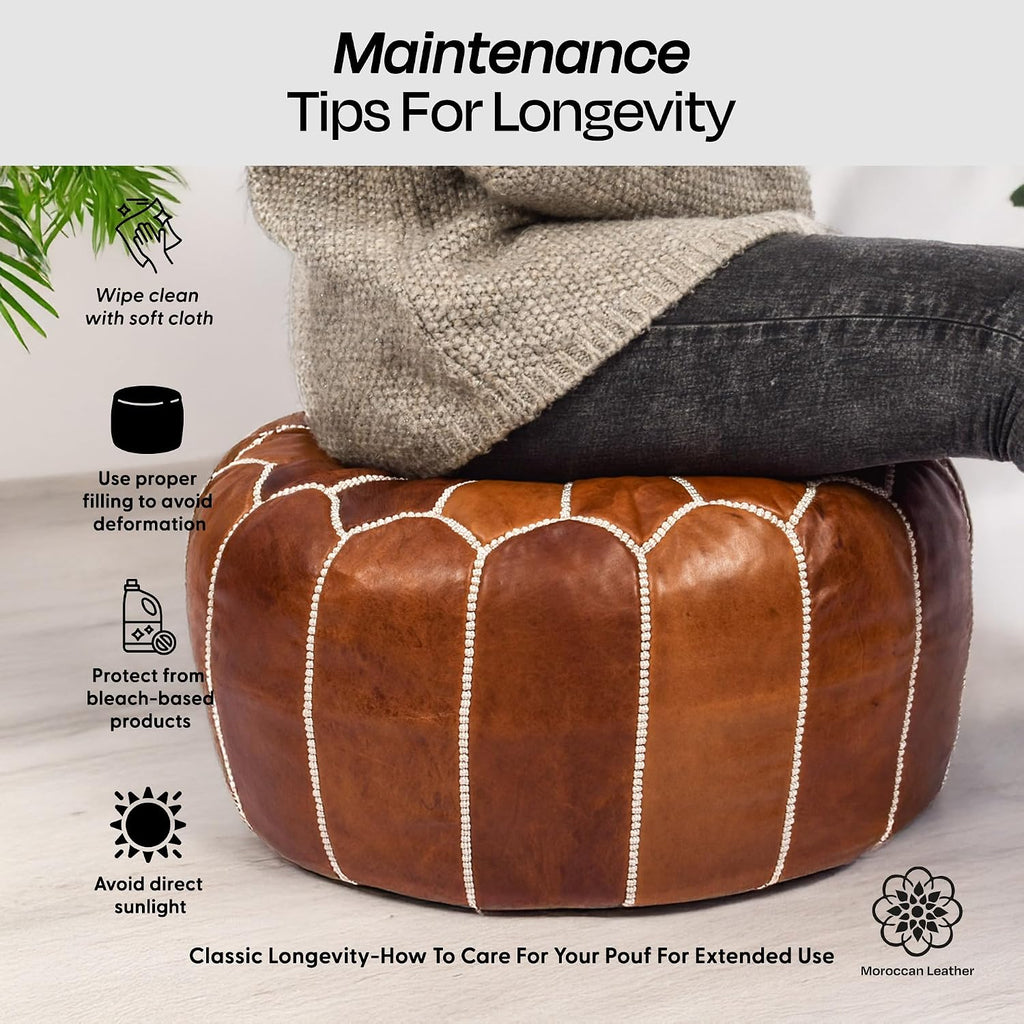 Pouf Ottoman Cover, Unstuffed Foot Stool, Round Boho Footrest Decor Gift (Dark Tan By White)