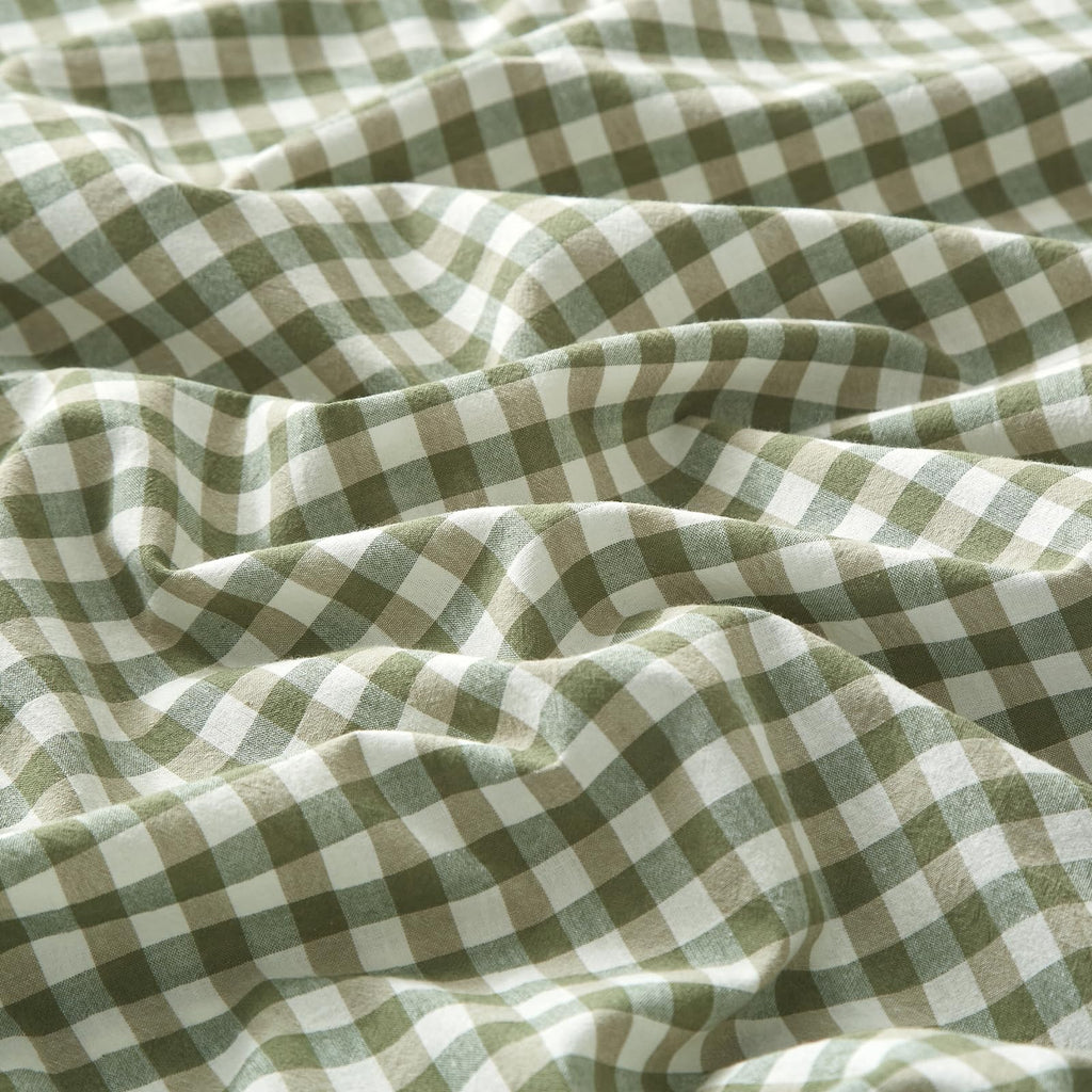 Gingham Queen Sheet Set, 100% Washed Cotton Linen Feel Sage Green Plaid Printed Sheet Sets Lightweight Soft Grid Bed