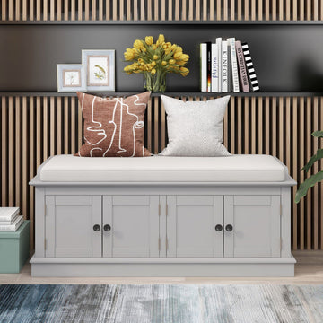 Upholstered Storage Bench with 4 Doors and Removable Cushion, Wooden Shoe Bench with Adjustable Shelves, Grey