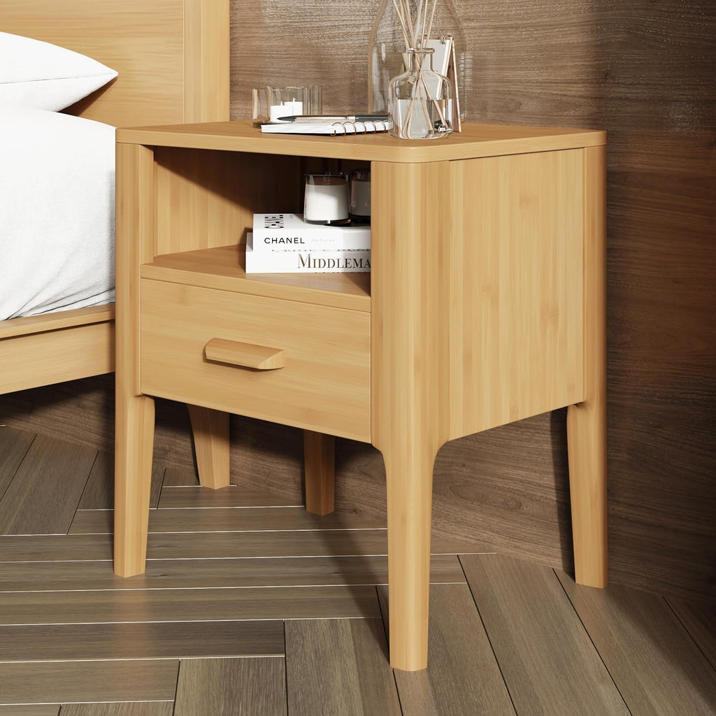 20 Inch Bamboo Nightstand with Drawer & Shelf, Mid-Century Modern Solid Bedside Table, Natural