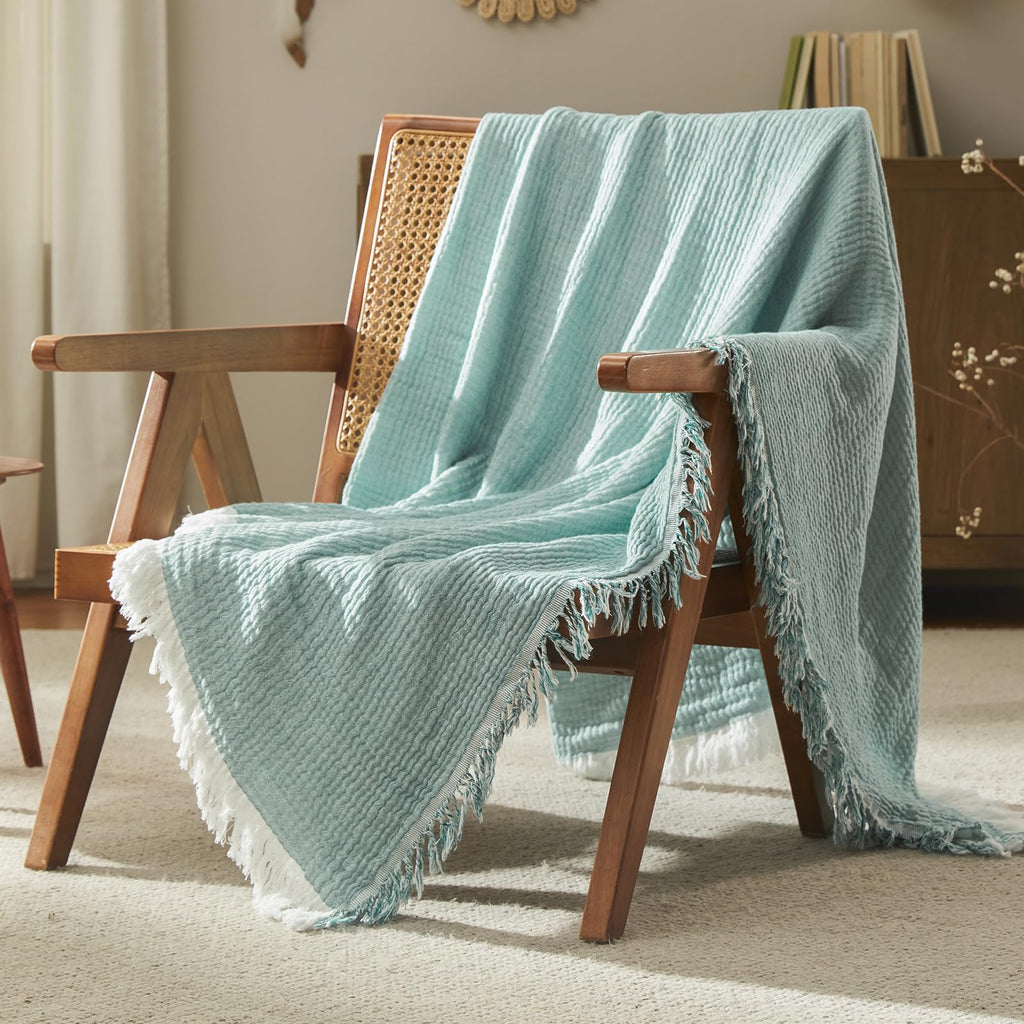 100% Cotton Muslin Blanket Adults with Tassels, Teal Throw 50"x60"