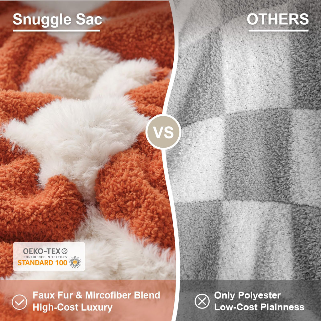 Orange Throw Blanket for Fall, Soft Twin Size Fall Checkered Blanket for Couch, Cozy Faux Fur Knit Microfiber Blankets