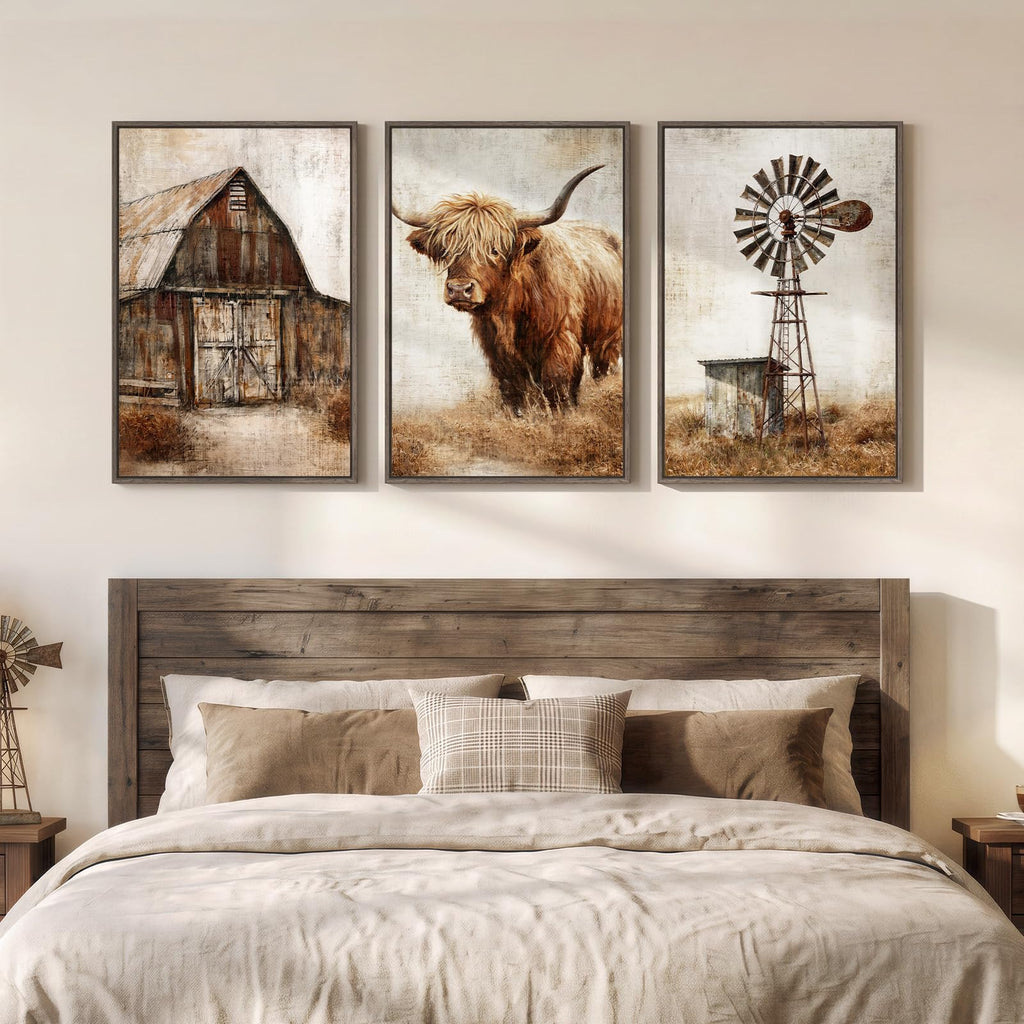 Framed Farmhouse Highland Cow Wall Art, Set of 3 20x30 In