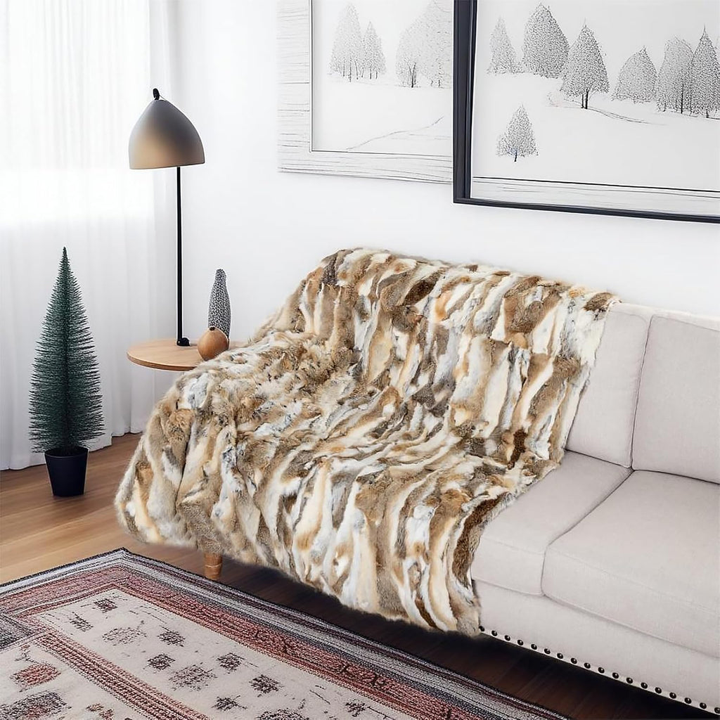 Fur Blanket Throw for Couch Tan Rabbit Hide Fur Throw Blanket Fuzzy Fluffy Super Soft Furry Plush Decorative Comfy