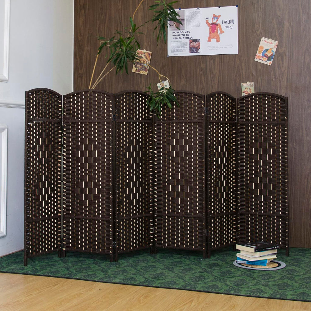 6 Panel Dark Brown Rattan Room Divider, 47.2" Low Height Double-Sided Folding Privacy Screen, Freestanding Partition