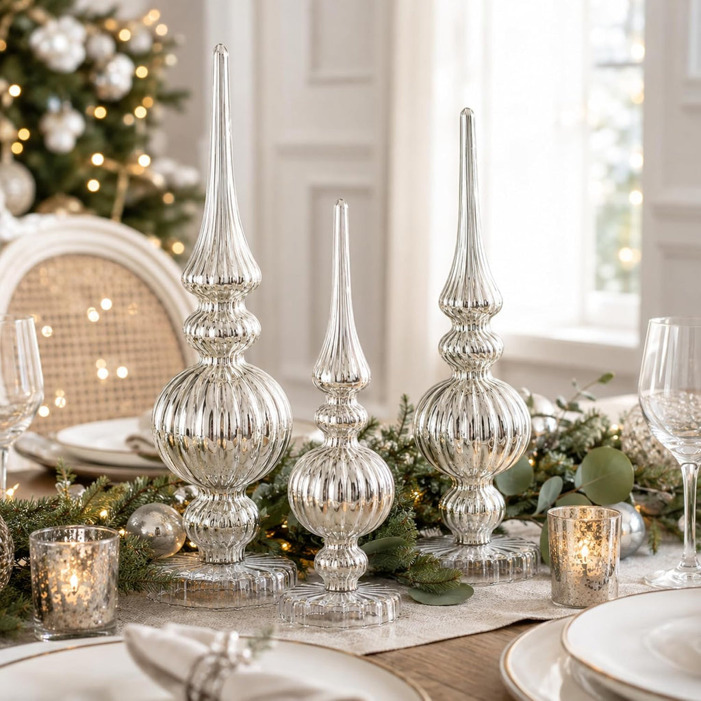Set of 3 Mercury Glass Finial Christmas Figurines, Silver