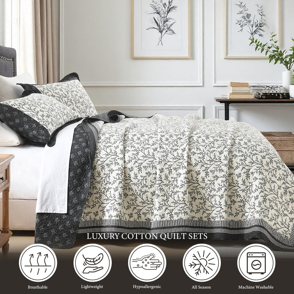 100% Cotton Quilt Set - Farmhouse Botanical Quilts Bedding Set, Chic Reversible Bedspreads Coverlet