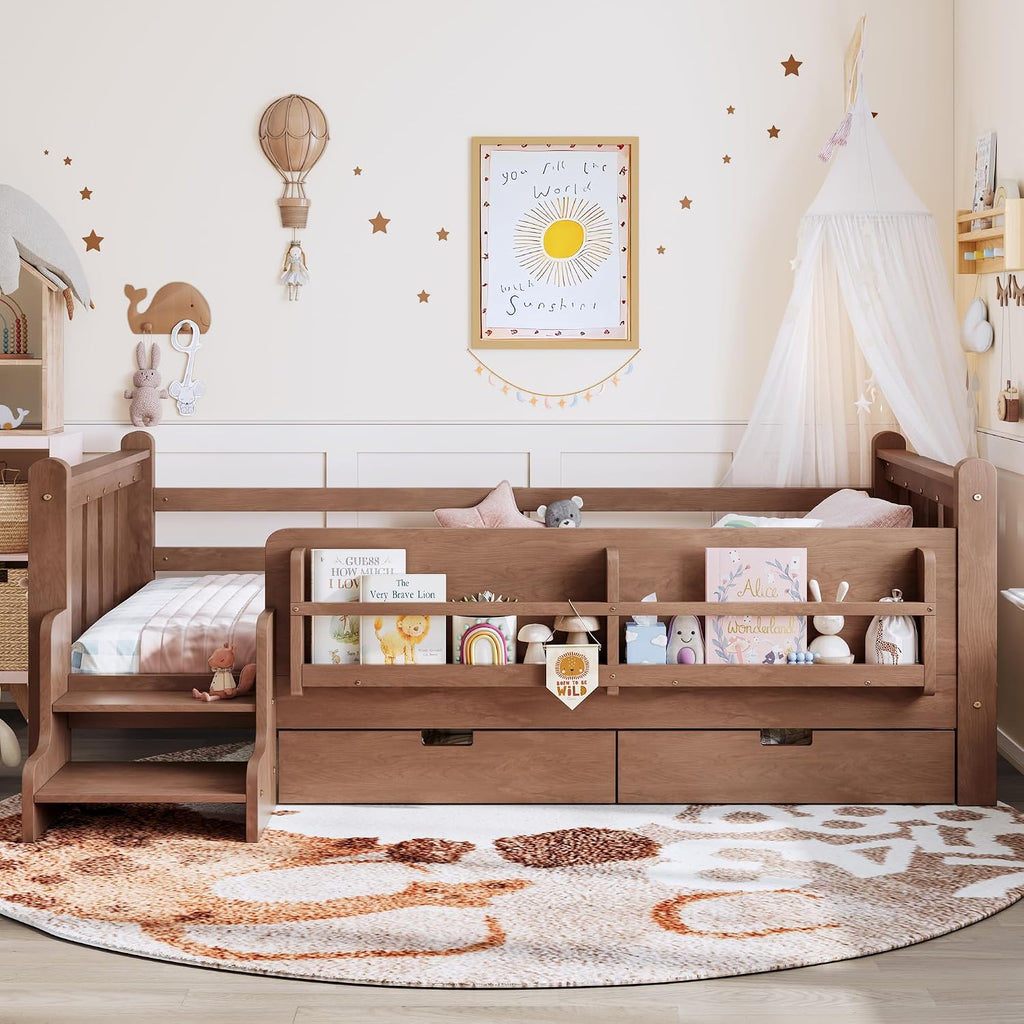 Floor Bed with Storage Bookcase and Drawers, Solid Wood Platform Bed with Guardrails, Cute Stair Design, Low
