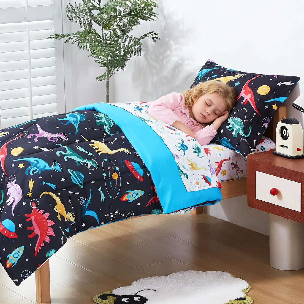 Toddler Bedding Set, Toddler Bed Comforter Sets for Girls, Toddler Bed Set, Space Dinosaur Printed