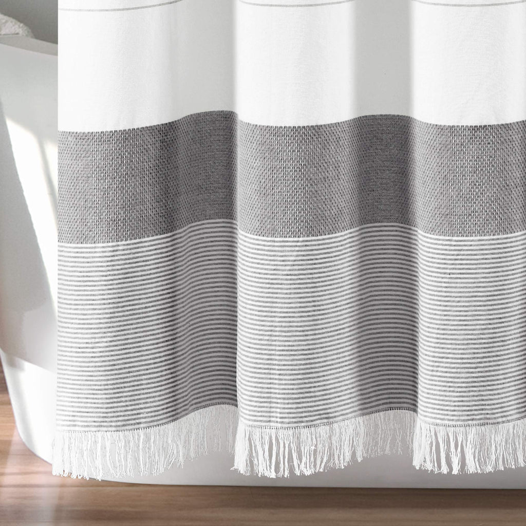White Woven Cotton with Gray Stripe and Tassel Fringe, Bathroom Accessories (72" x 72")
