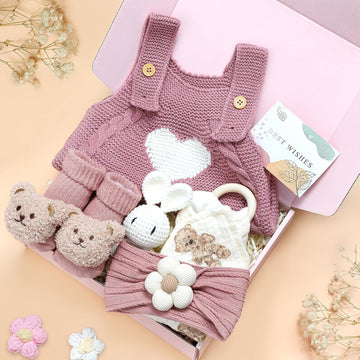 Gift Set for Shower Gifts Basket Pink Essentials with Knitted Sweater Infant Rattle Socks Bear Blanket Flower