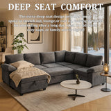 108 Inch Sectional Sleeper L Shaped Sofa with Pull Out Bed, 7 Seat Modular Sectional Sofa with Storage
