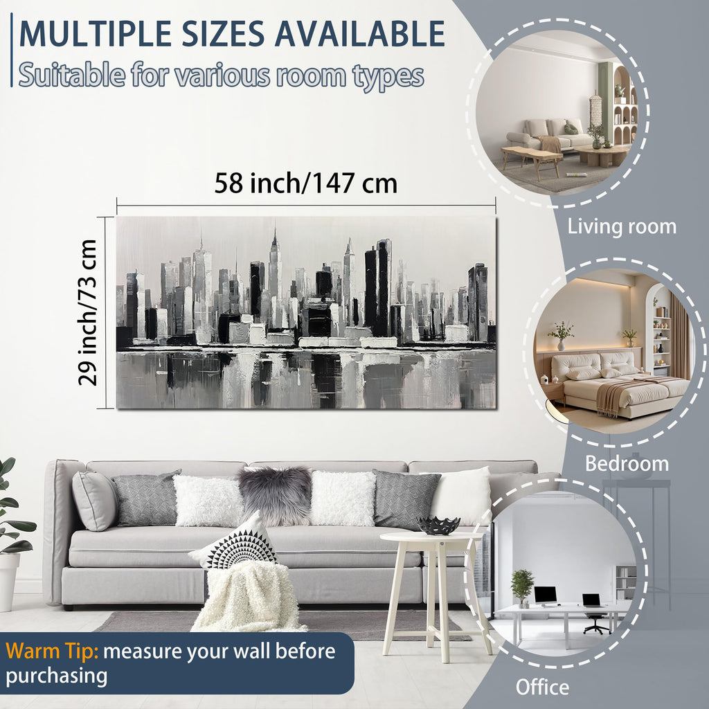 Black and White Wall Art New York City Textured Painting 29x58 Inch