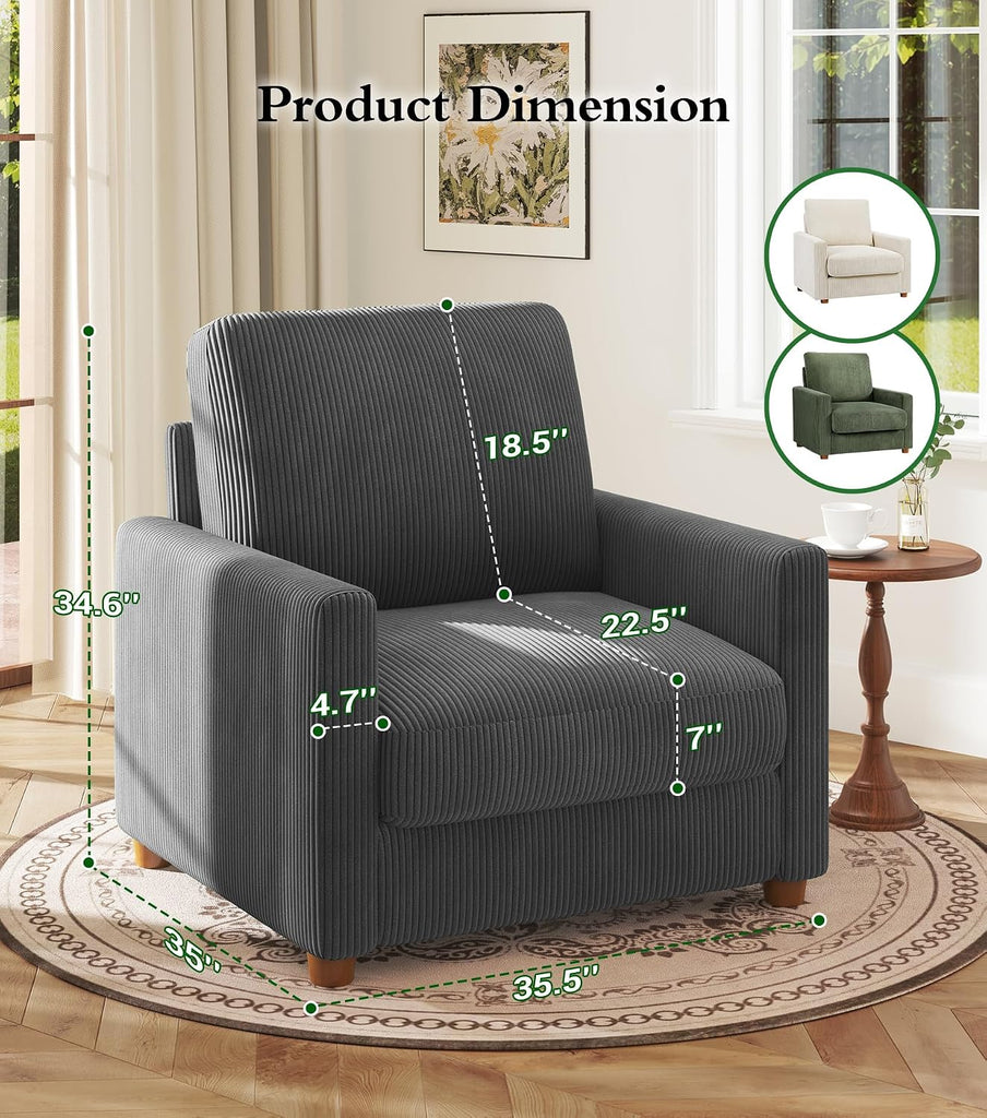 35.5in Oversized Accent Chair, Easy to Assemble Living Room Chairs, Corduroy Reading Chair , 22.5in Deeper Seats