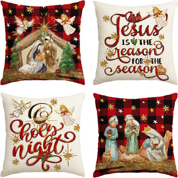 Christmas O Holy Night Jesus Cardinal Buffalo Plaid Throw Pillow Covers, 18 x 18 Inch Christmas Saying Winter Holiday - Set of 4