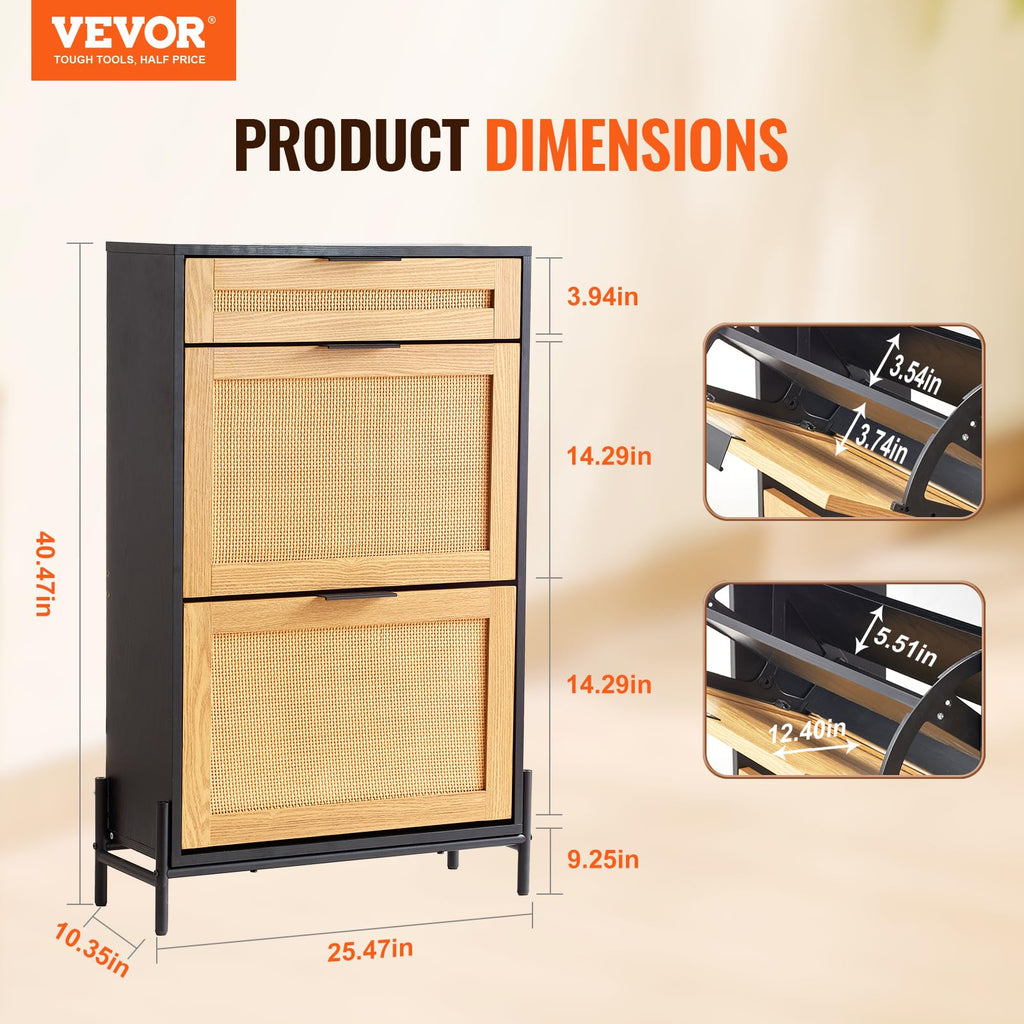 Rattan Shoe Cabinet, Narrow Shoe Storage Organizer with 2 Flip Rattan Drawers & 1 Slide Drawer, Metal Legs, Slim Shoe