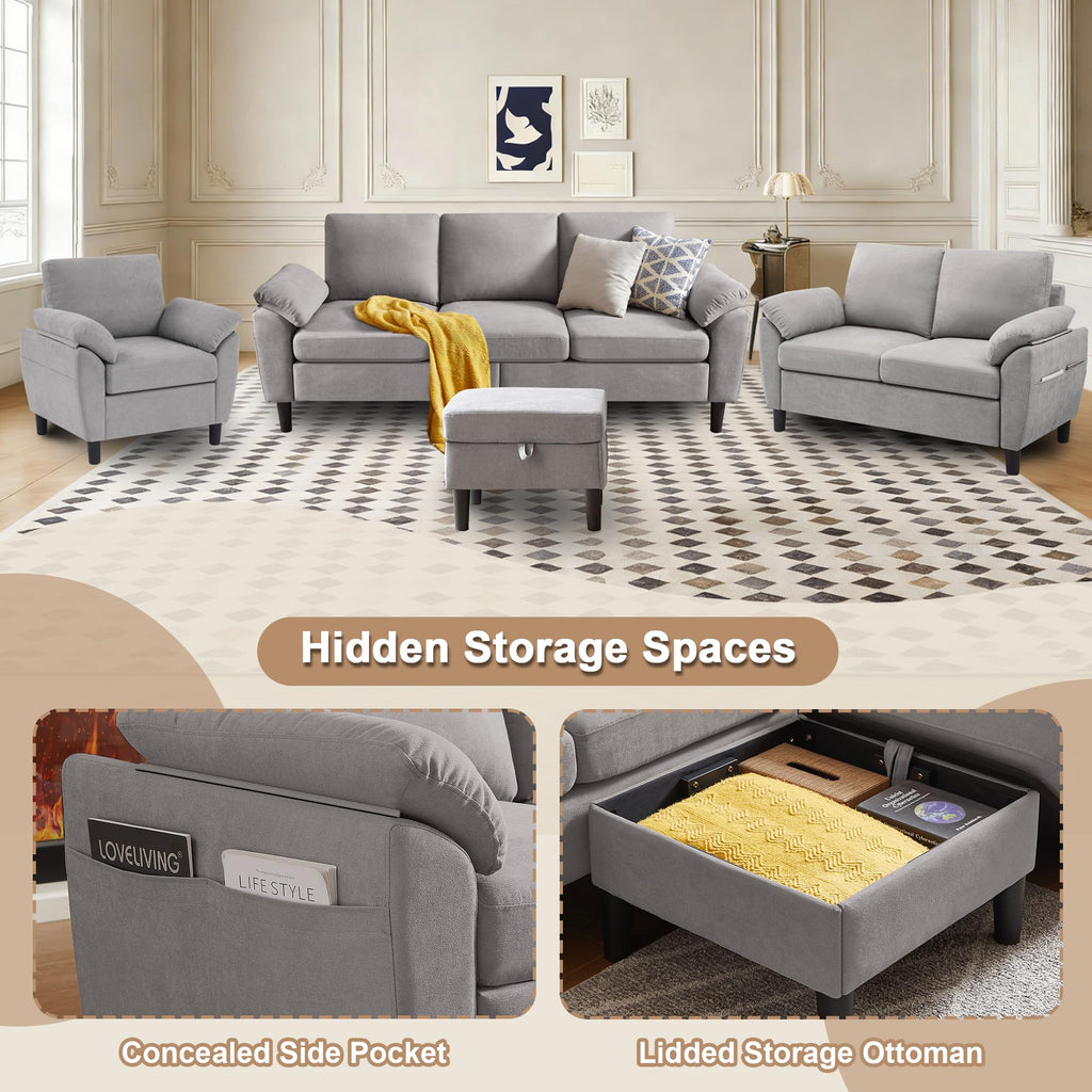 Convertible Sectional Sofa Set, 79" Modern L Shaped Couch, Linen Upholstered 3 Seat Sofa and 35" Accent Chair