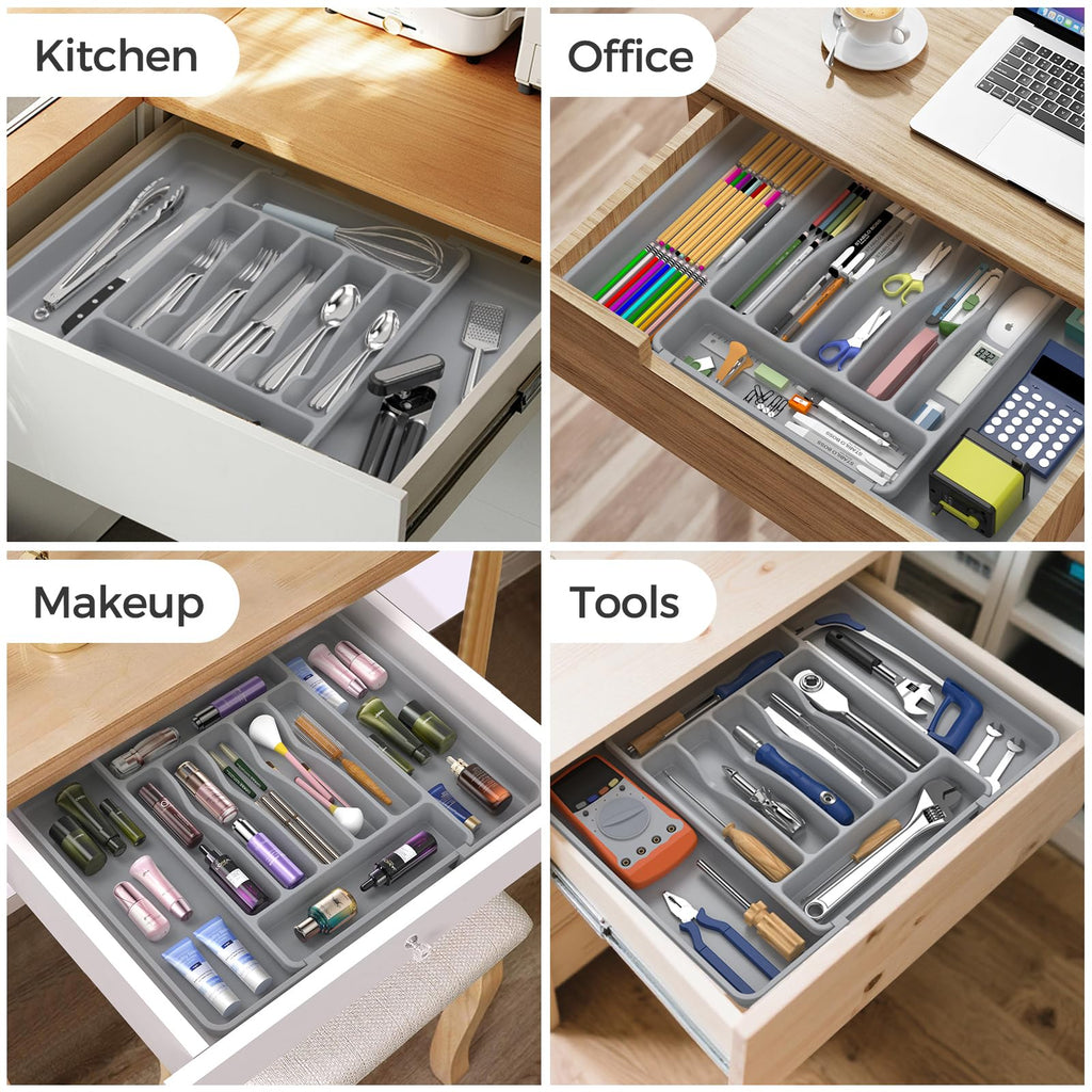 Extra Large Expandable Silverware Organizer, Flatware Tray,Gray