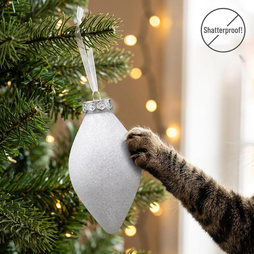 White Christmas Ornaments Set for Tree Decorations, Teardrop Finial