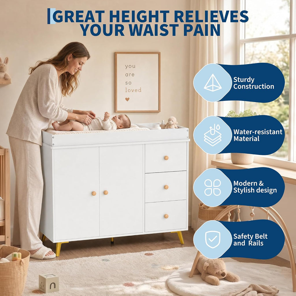 Baby Changing Table, White Wooden Dresser with 3 Drawers and Cabinet | Diaper Station with Waterproof Changing Pad