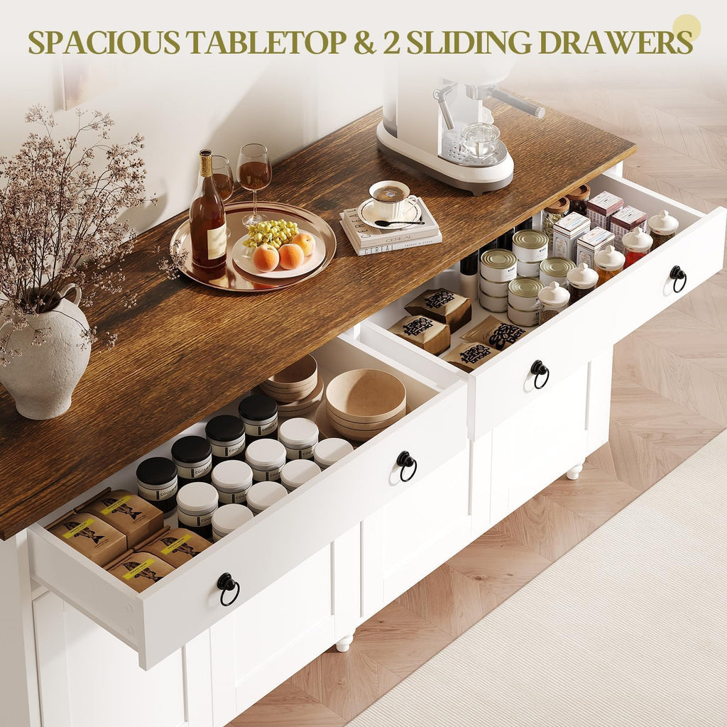 55" Buffet Cabinet with Storage and Drawers, Large Sideboard Buffet Cabinet with Adjustable Shelves and Doors, Modern