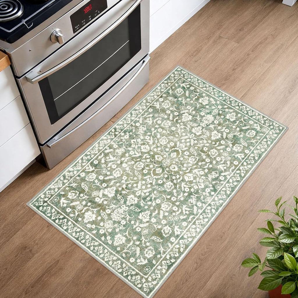 Vintage Entryway Rug Indoor, Sage Green Beige Washable Rug 2x3, Small Area Rug with Non-Slip Backing, Floral Print