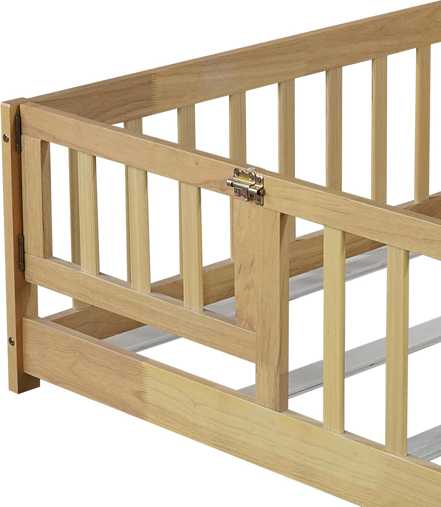 Slats and Safety Guardrail, Wood Twin Size Montessori Floor Bed with Door and Fence, Easy Assemble Montessori