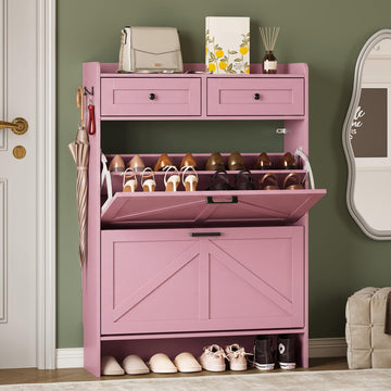Shoe Storage Cabinet, Farmhouse Narrow Shoe Cabinet with 2 Flip Drawers & Top Drawers, Adjustable Shelves & Hooks