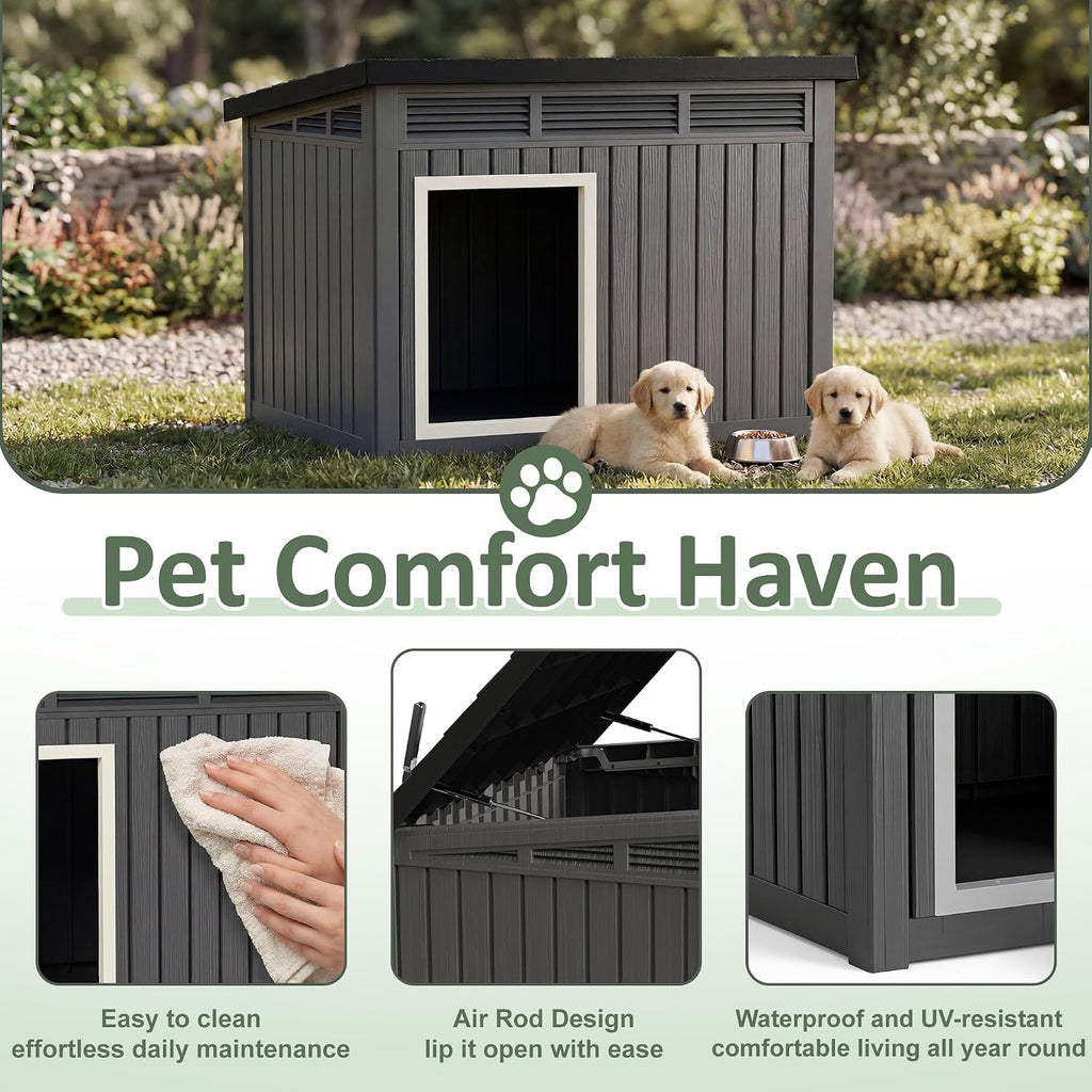 Large Dog House, Weatherproof Resin Large Dog House Outdoor with Sloped Roof & Ventilation, Indoor Outdoor Dog House