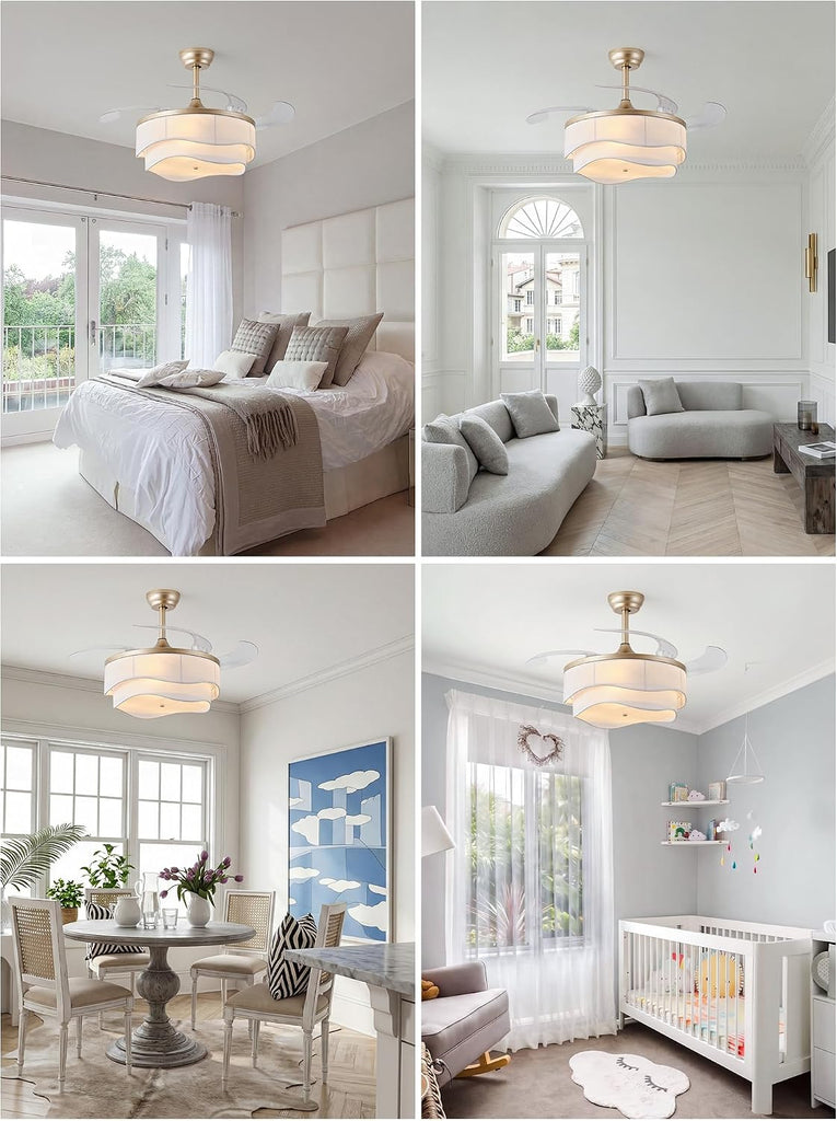 42" Gold Retractable Ceiling Fan with Light, Boho Fandelier Ceiling Fans Remote Control, Caged Chandelier with Fans