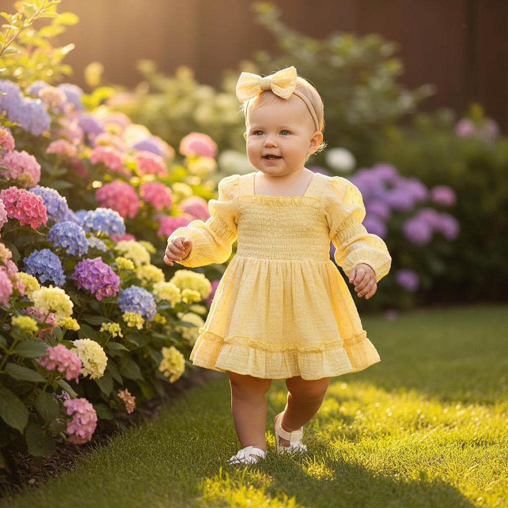 Baby Girl Romper Dress Smocked Long Sleeve Jumpsuit & Headband for Infants