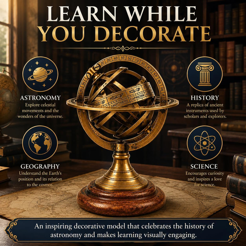 5.5" Brass Armillary Sphere World Globe Rosewood Base Table Decor Gift