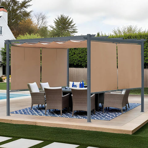12 x 12 ft Outdoor Pergola with Retractable Shade Canopy, Matte Aluminum Frame, 4 Roller Shade Curtains
