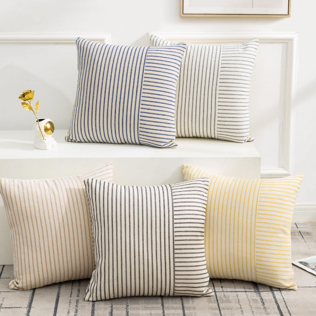 Farmhouse Pillow Covers 12x20, Modern Accent Lumbar Throw Pillow Covers Set of 2, Blue and Beige Striped Patchwork