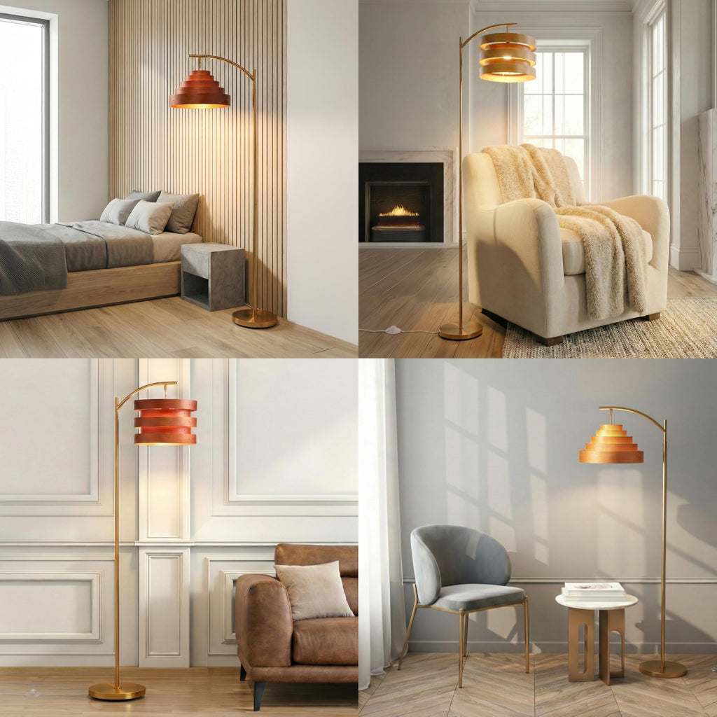Strata Wooden Floor Lamp - Mid Century Modern Standing Lamp with Layered Wood Shade, Tall Reading Lamp, Black, Light