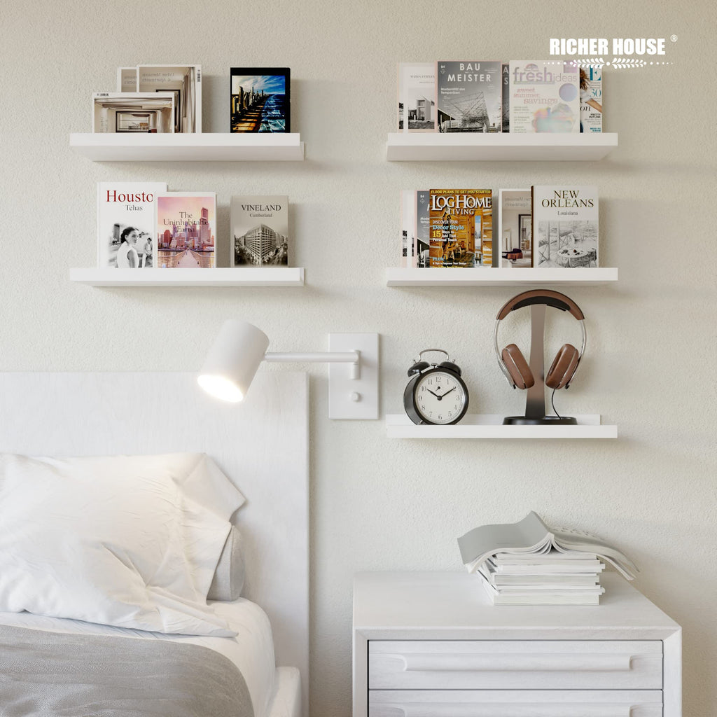 5-Set Floating Shelves with Lip, White Wall Mounted Wood Shelf